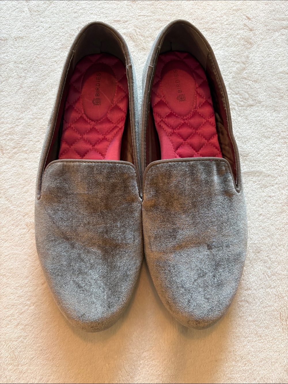 BIRDIES GRAY VELVET SLIP-ON FLATS WITH QUILTED PINK INSOLES